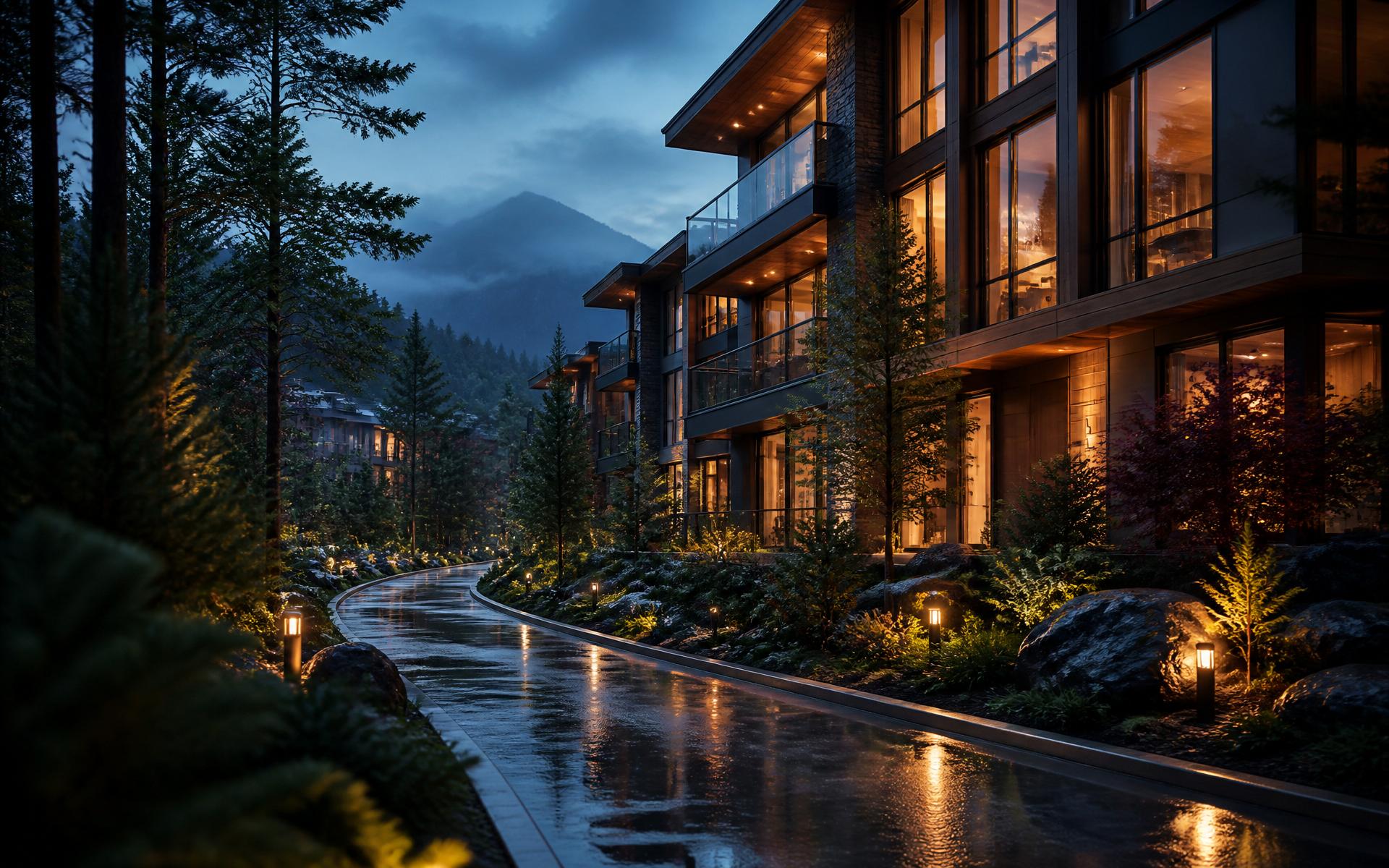 Luxury multifamily community at blue hour